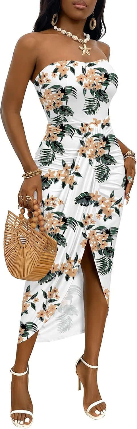 Umenlele Women's Strapless Ruched High Waist Wrap Split Asymmetrical Beach Maxi Long Dress