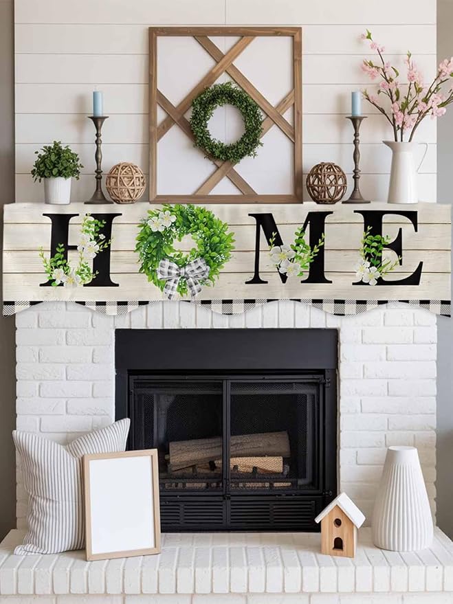 Rustic Home Fireplace Mantel Scarf Table Runner,Eucalyptus Leaves Floral Wooden Buffalo Plaid Winter Garland Mantel Top Tablerunners Dresser Scarves Cover for Windows Party Living Room 60"x17"