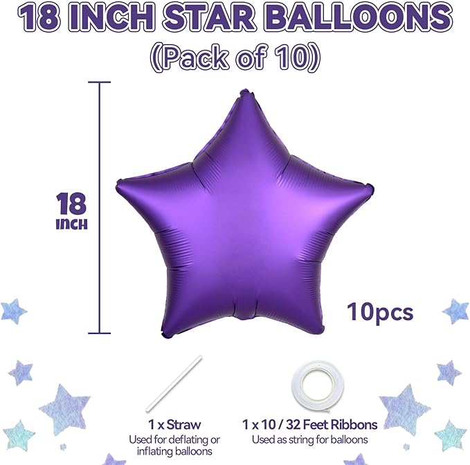 Purple Star Foil Balloons, 10PCS Purple Foil Stars Shape Balloons, 18 Inch Metallic Stars Aluminum Balloon Helium Pentagram Balloon for Birthday, Anniversary, Graduation, Halloween Party Decoration