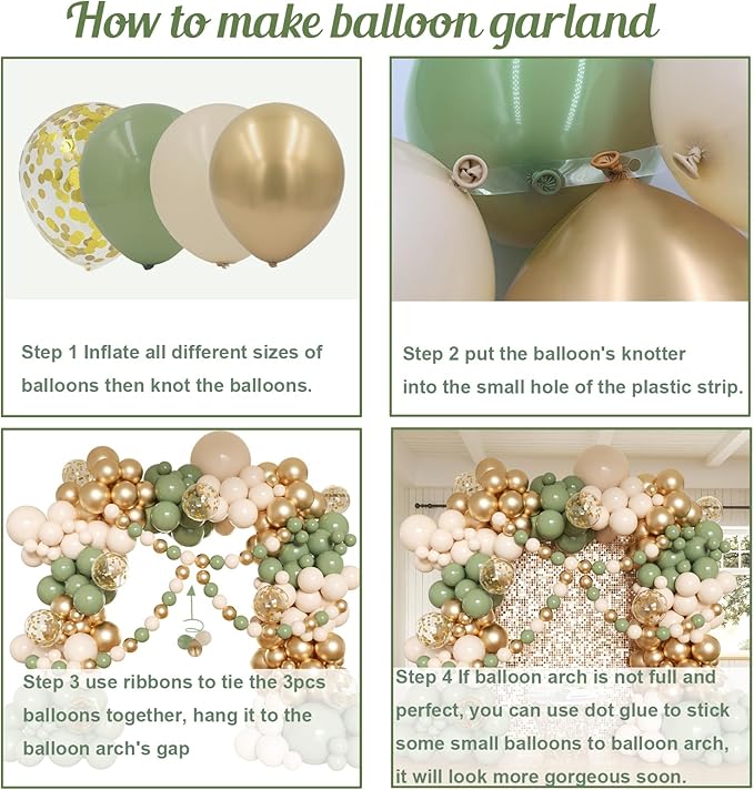 Sage Green Balloon Arch Kit, 162pcs Sage Green Sand White Gold Confetti Balloon Garland for Engagement Wedding Baby Shower Balloons Gender Reveal Birthday Party Decorations