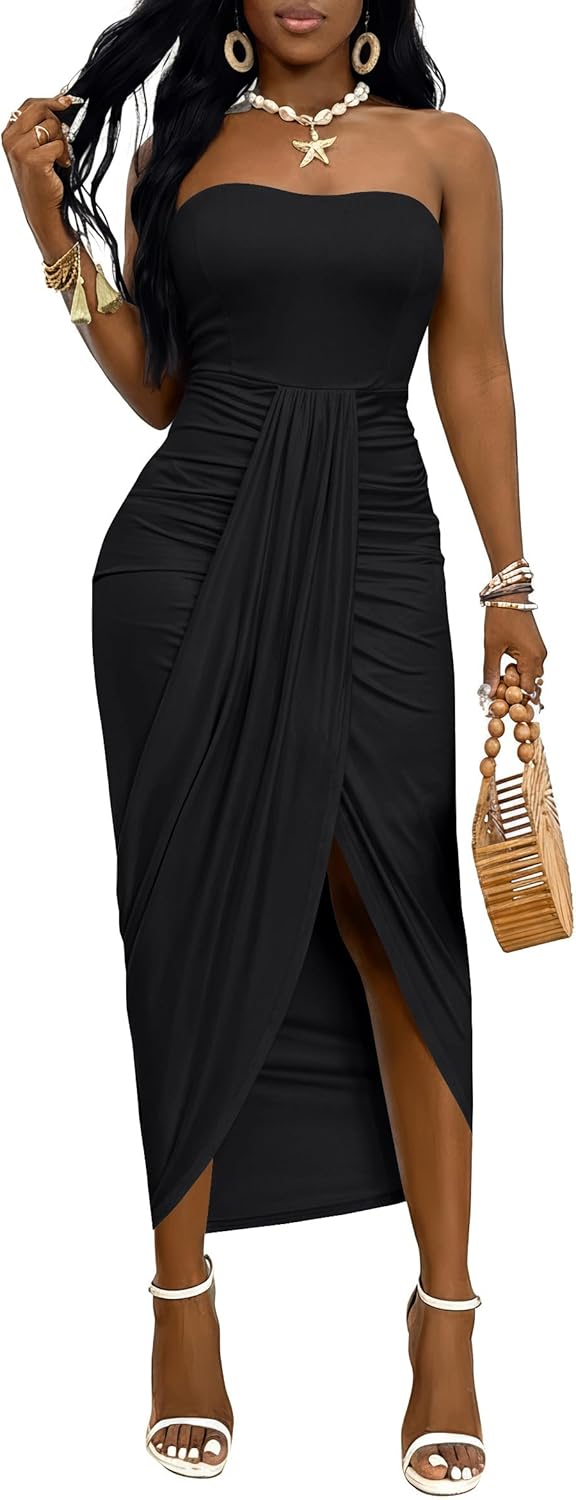Umenlele Women's Strapless Ruched High Waist Wrap Split Asymmetrical Beach Maxi Long Dress