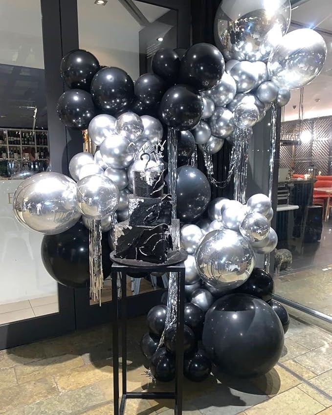 Black and Silver Balloons Garland Arch Kit with Stars 200Pcs - 5 10 12 18 22 inch Balloon and Confetti Balloons for 2025 Graduation New Year Anniversary Birthday Disco Theme Party Decorations