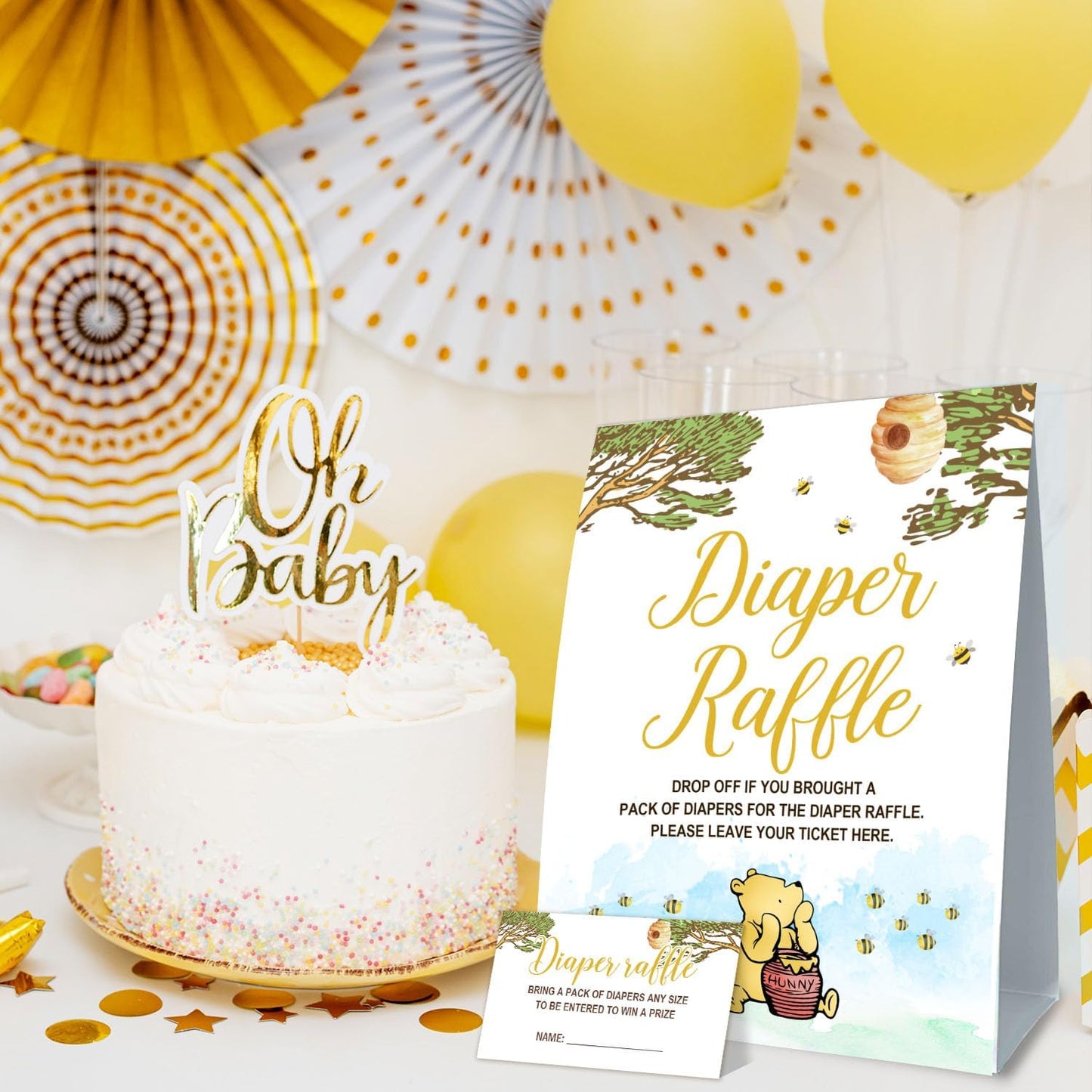 Winnie Baby Shower Decorations-Baby Shower Games-Diaper Raffle Baby Shwoer Party Decor-Baby Shower Table Sign Centerpieces-Baby Shower Games Pooh Birthday Supplies Party Decorations