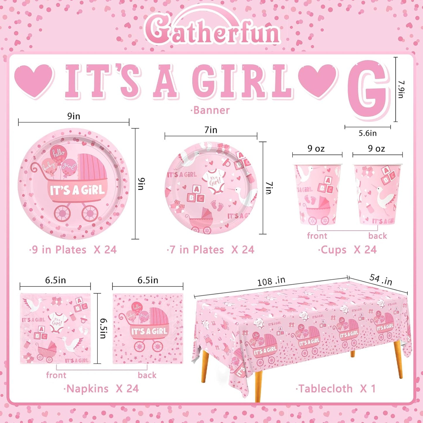 Baby Girl Shower Decorations for 24 Guests - It’s A Girl Decorations Kit Including Disposable Plates, Napkins, Cups, Tablecloth & Banner for Baby Shower Decorations Girl