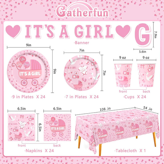Baby Girl Shower Decorations for 24 Guests - It’s A Girl Decorations Kit Including Disposable Plates, Napkins, Cups, Tablecloth & Banner for Baby Shower Decorations Girl