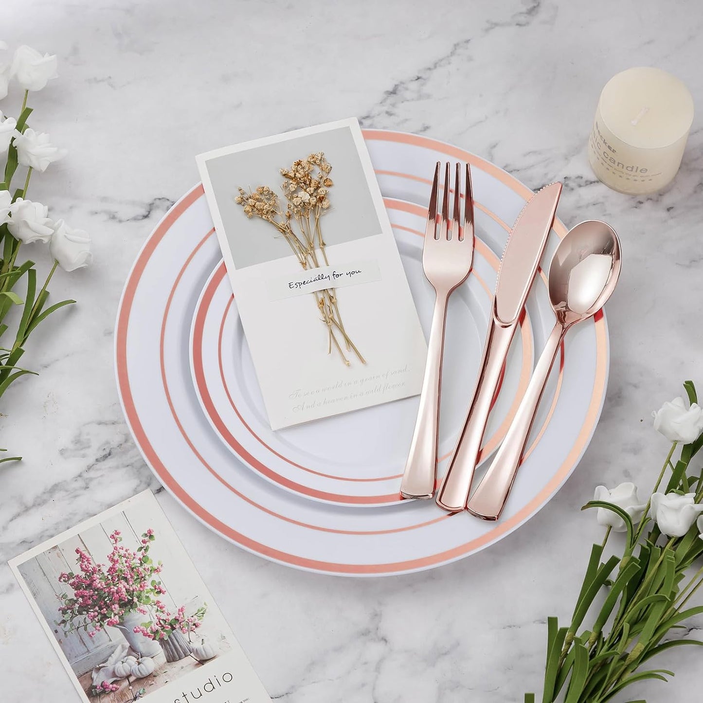BESTVIP 450PCS Plastic Dinnerware Set (75 Guests), Rose Gold Disposable Plates for Party, Wedding, Christmas, Anniversary, Includes: Dinner Plates, Dessert Plates, Cups, Spoons, Forks and Knives