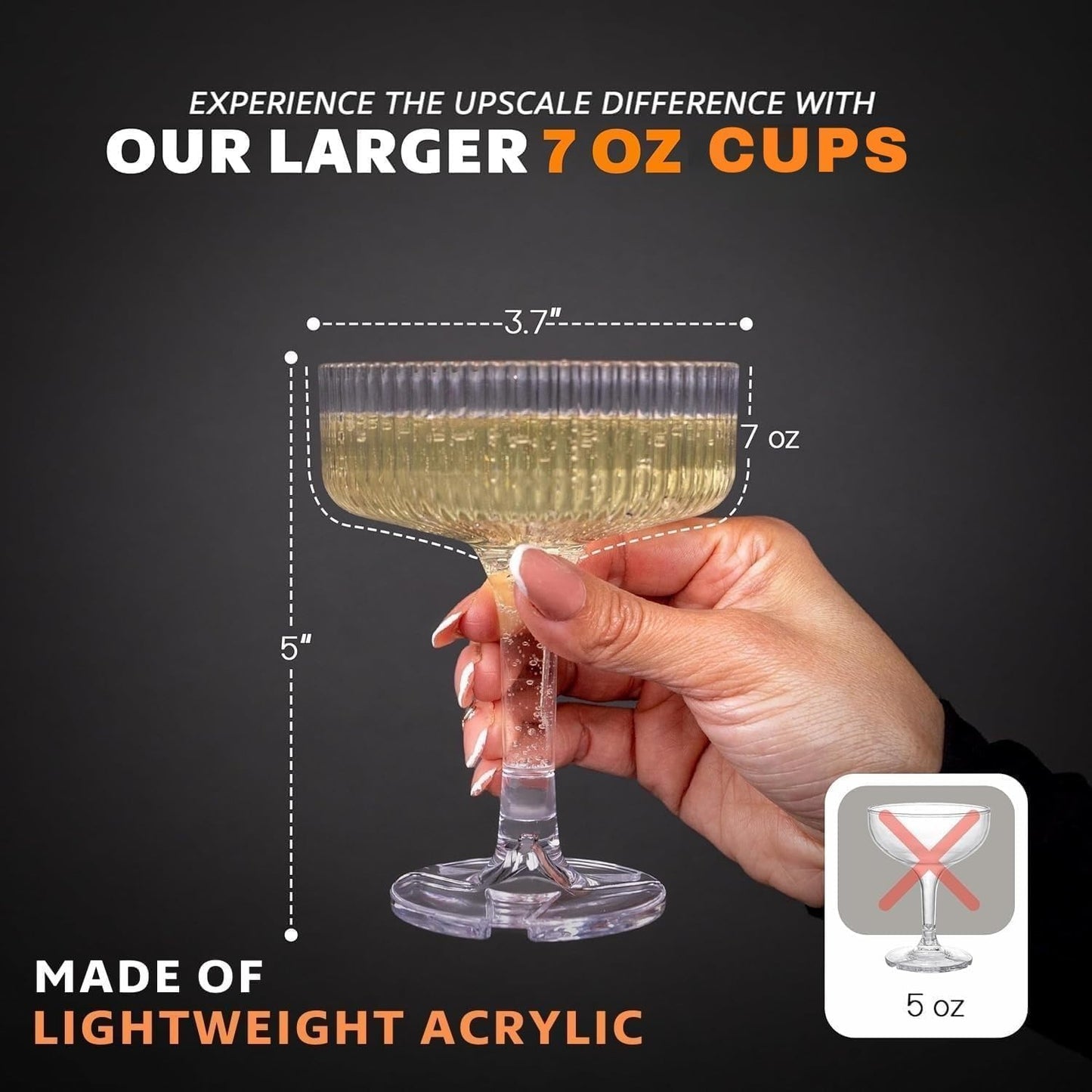 ACRYLIC Champagne Tower - 7oz. Set of 20 Champagne Flutes Plastic - For Weddings & Parties - Plastic Coupe Glasses - Clear