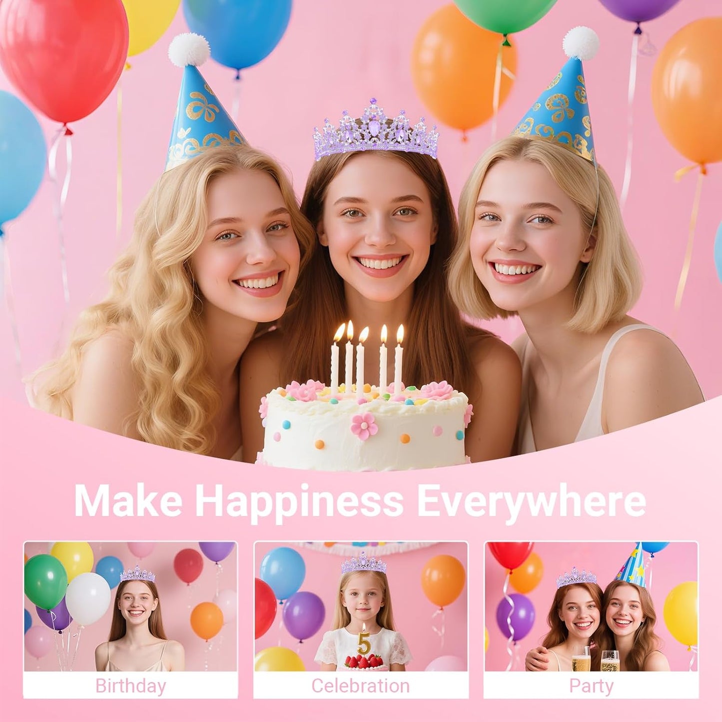 Birthday Tiara and Crown with Sash, Birthday Tiara for Women Party (Purple)