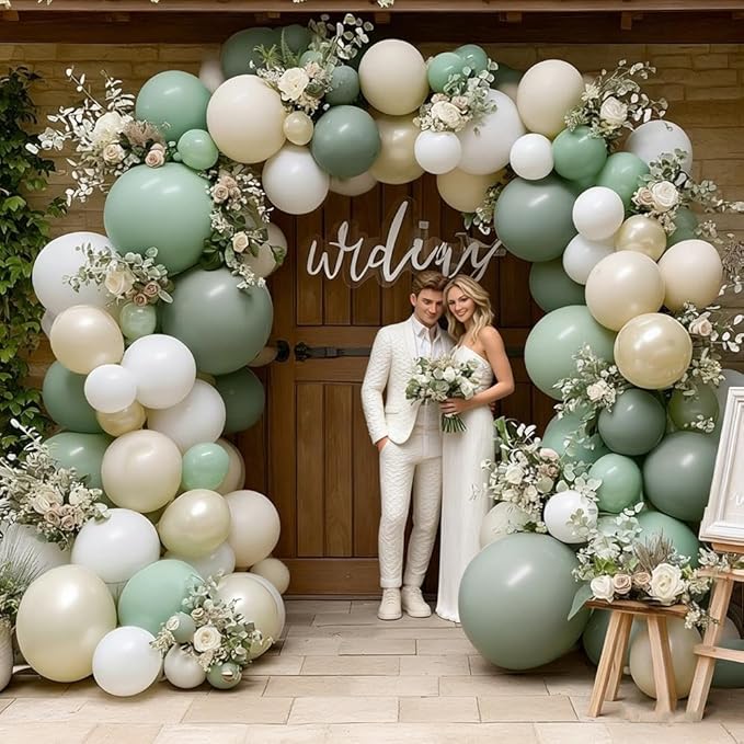 Sage Green White Balloon Garland, Double Stuffed Dusty Green Sand White Pearl Balloons Pastel Balloon Arch Kit for Baby Shower Birthday Bridal Wedding Gender Reveal Easter Party Decorations