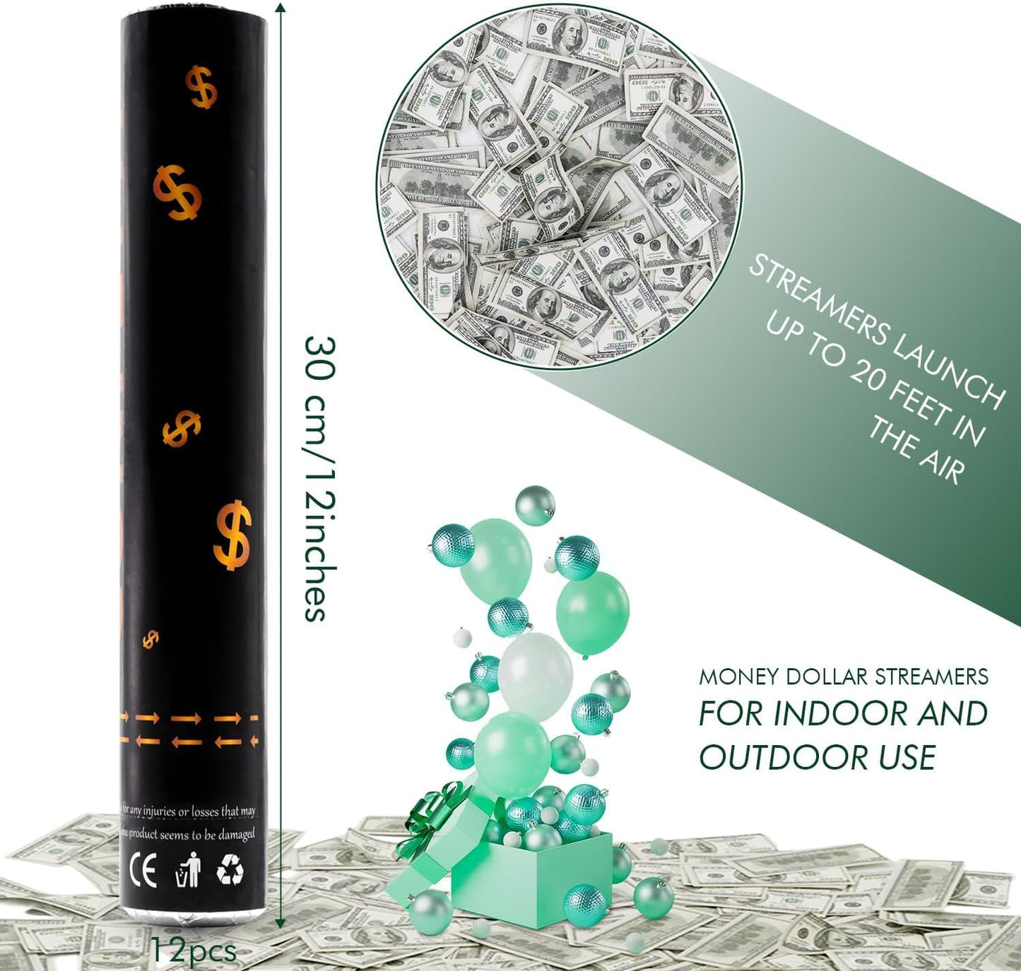 Confetti Cannon Party Poppers 12 Pack 100 Dollar Bill Money Paper Make it Rain 12 inch Confetti Shooters Bill Launcher for Business Signing Opening Activities Birthday Party Celebration