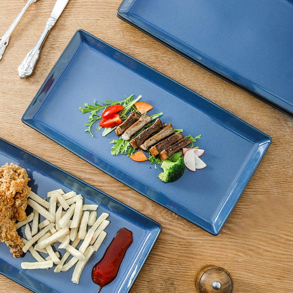 Ceramic Serving Tray, 14 Inches Large Serving Platter, Rectangular Serving Tray, Porcelain Serving Plates, Ceramic Serving Dishes for Dinner, Party, Sushi, Dessert, Food, Set of 4 (Stone Blue)
