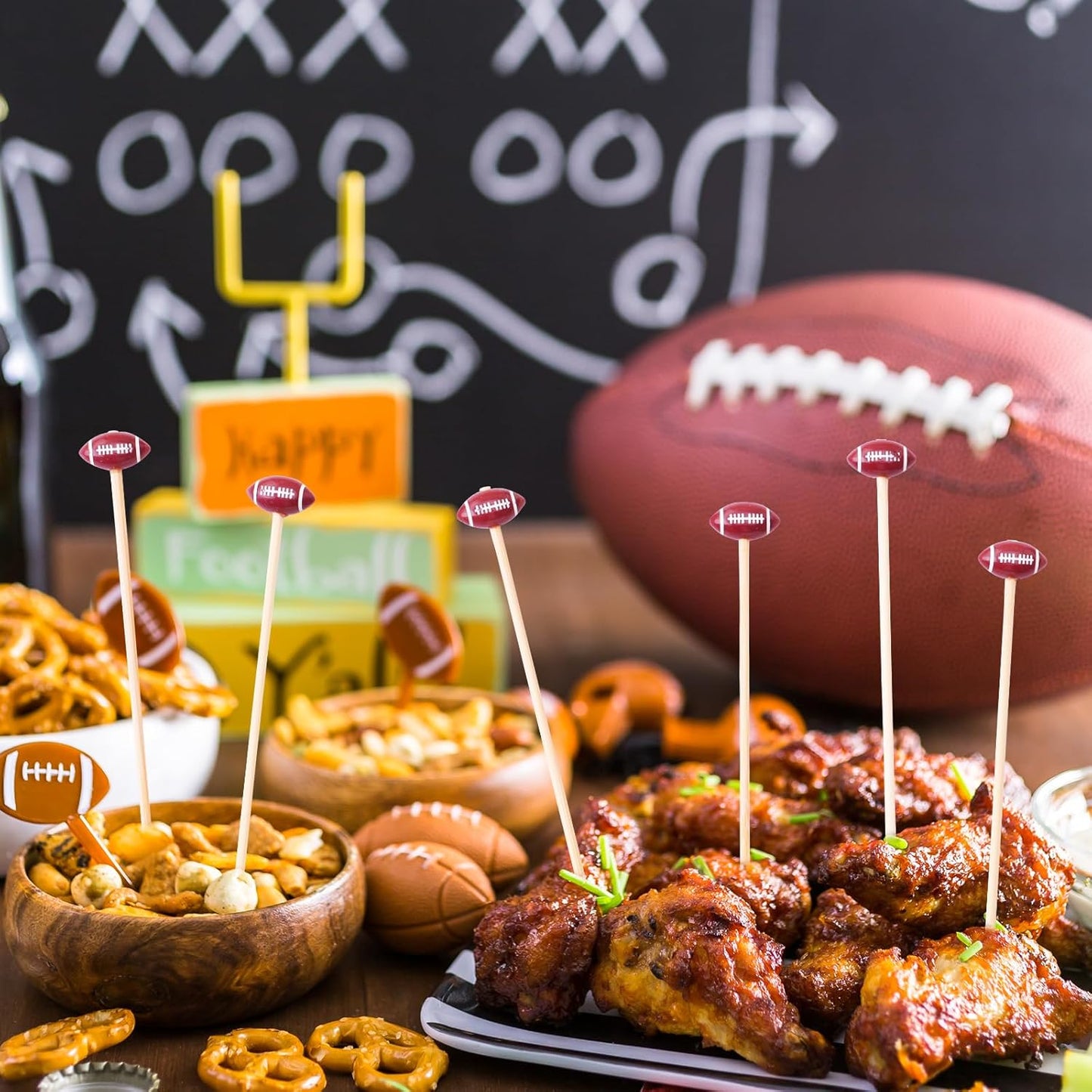 Football Cocktail Picks - 100 Counts Decorative 3D Football-shaped Toothpicks for Super Bowl Football Game, 4.7 inch Long Bamboo Skewers Wooden Sticks for Appetizers, Fancy Party Decorations