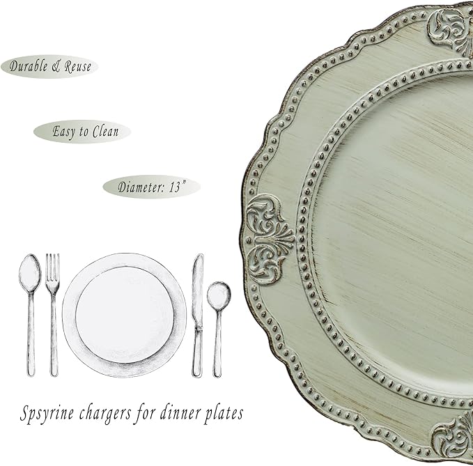 Spsyrine Antique Light Green Charger Plates Set of 6, 13" Plate Chargers for Dinner Plates, Wedding, Banquets, Party