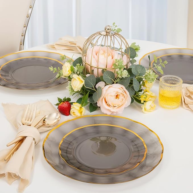 supernal 60Pcs Black and Gold Plastic Plates Heavy Duty Black Disposable Plates With Gold Rim,Elegant Clear Black Dinnerware For 30 Guests Perfect for Party,Birthday,Anniversary,New Year