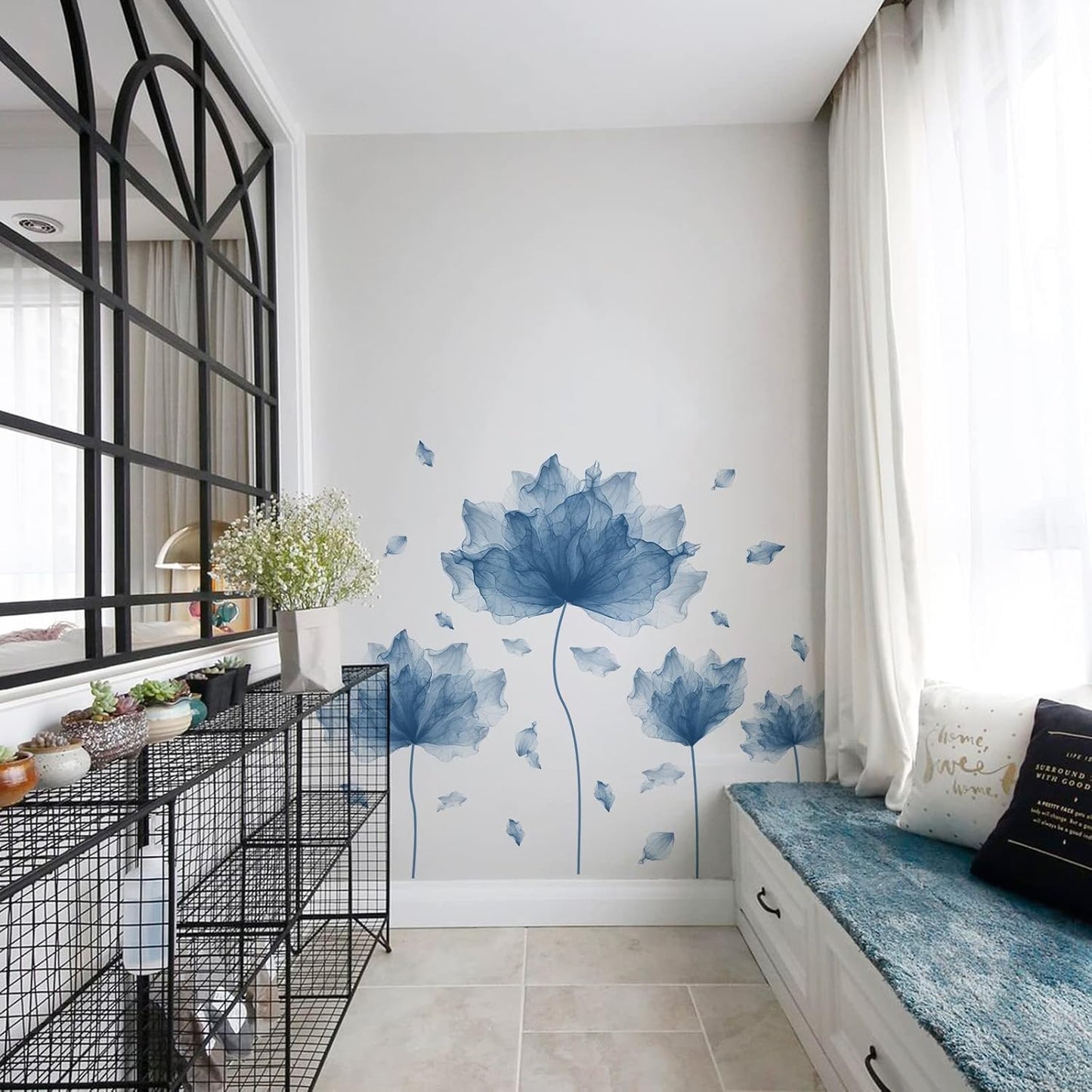 59.1'' x 49.6'' Huge Flower Petal Wall Decals Living Room Floral Wall Stickers Removable Peel and Stick Waterproof Wall Art Decor Stickers for Bedroom Bathroom Office (Blue)