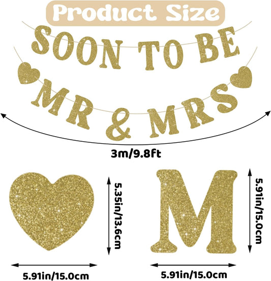 Soon To Be Mr & Mrs Sign Banner for Bridal Shower Decorations, Pre-Strung Gold Glitter Wedding Banner Decorations, Engagement Banners for Mantle Hanging Sign Couples Shower Decors