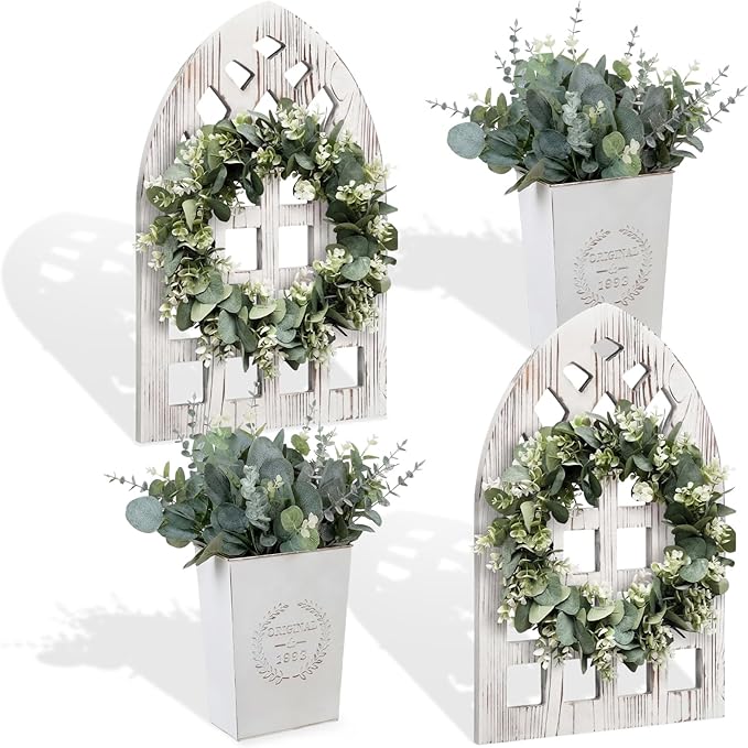 4 Sets 67 Pcs Farmhouse Wall Decor Set Rustic Window Frame Wall Decor with Eucalyptus Wreath and Metal Walls Planters Vintage Farmhouse Walls Art for Living Room Entryway(Arched Cathedral)