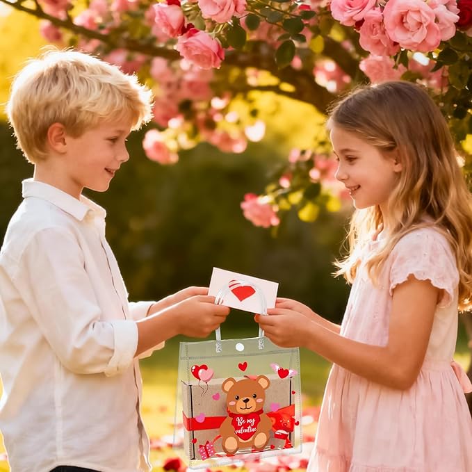 H1vojoxo Valentine's Day Gift Bags - 24PCS Happy Valentine's Day Clear PVC Gift Bags with Handle 7.9x3.2x7.9 Inches Reusable Valentines Candy Goodie Bags for Classroom Kids Gift Exchange Party Favors