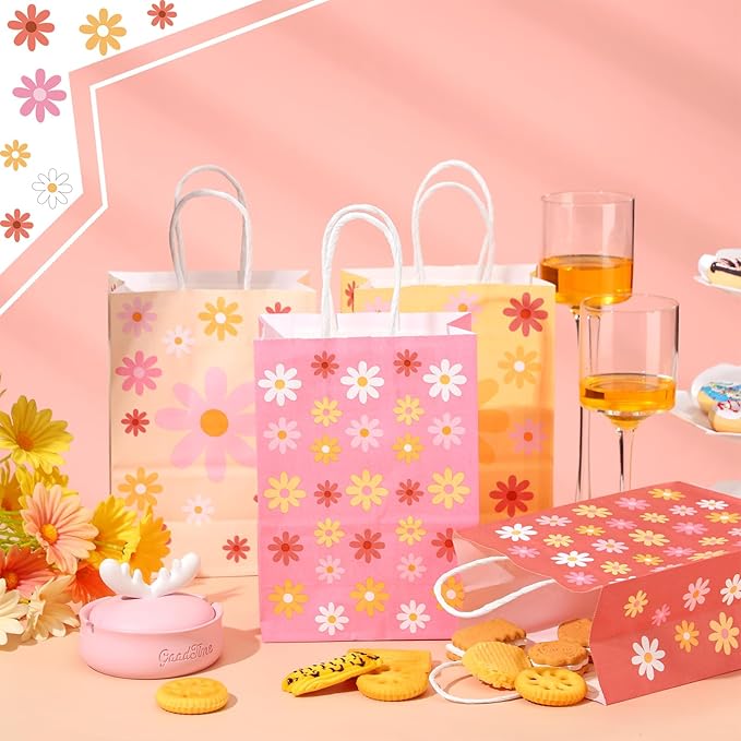 Glenmal 24 Pcs Spring Daisy Gift Bags Bulk Boho Party Favors, Spring Daisy Flower Goodie Bag with Handles for Wedding Birthday Party Decorations Supplies, 6 Styles