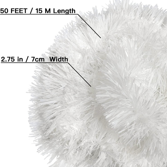 Jishi 50 FT Christmas Garland White Tinsel Garland Christmas Tree Decorations - Non-Lit Xmas Holiday Decor Outdoor Indoor Home Garden Outside Wedding Party Artificial Thick White Decorative Garland