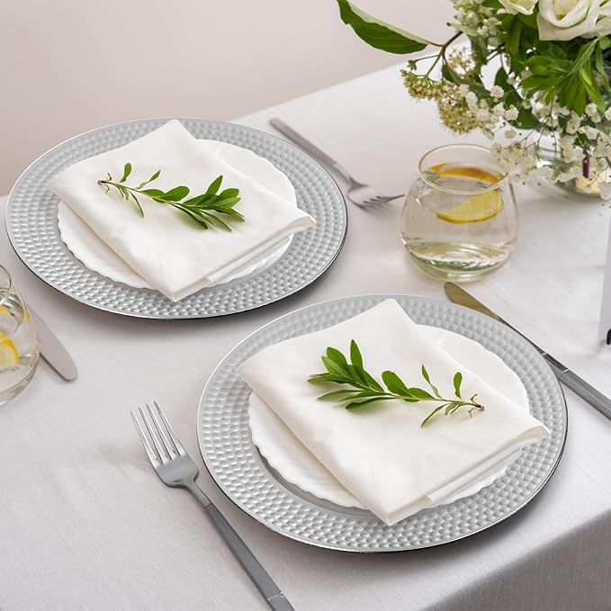 Nicunom Silver Charger Plates Set of 12, Round Charger Plates with Hammered Rim, 13 Inch Plastic Charger Plate for Wedding Dinner Party Event Decoration