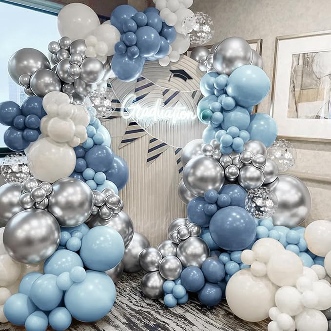 Dusty Blue White Silver Balloon Garland Arch Kit, 167Pcs Latex Balloons Different Sizes 15 12 10 5 inch for Baby Shower Gender Reveal Birthday Engagement Party Decorations