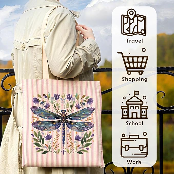 Purple Dragonfly Floral Tote Bag for Women,Dragonfly Canvas Tote Bag for Girls,Purple and White Striped Farmhouse Botanical Aesthetic Reusable Shopping Grocery Bags Party Favors