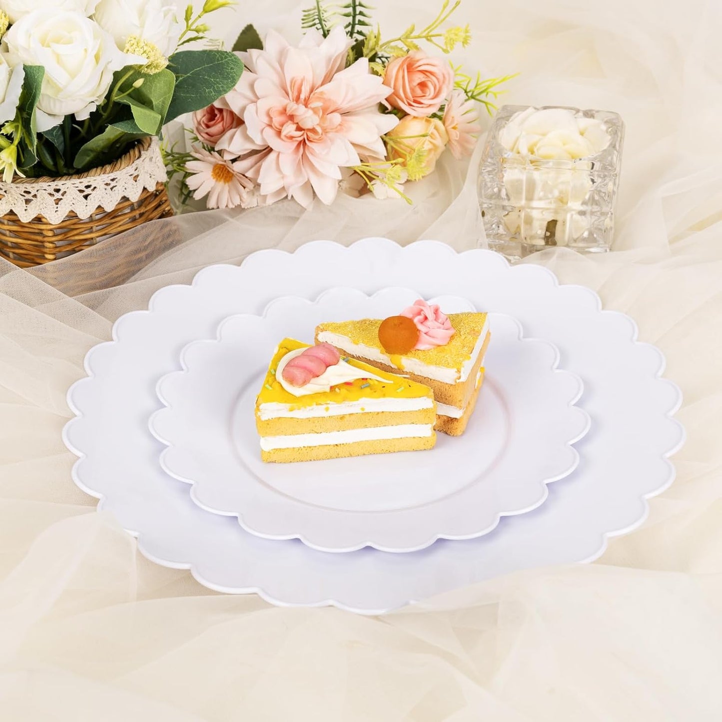 supernal 100pcs White Plastic Plates Disposable For Birthday And Wedding,Plastic Plates For Party Includes 50pcs Dinner and Dessert Plate.Scalloped Plastic Plate,Graduation Decorations 2025 Deals