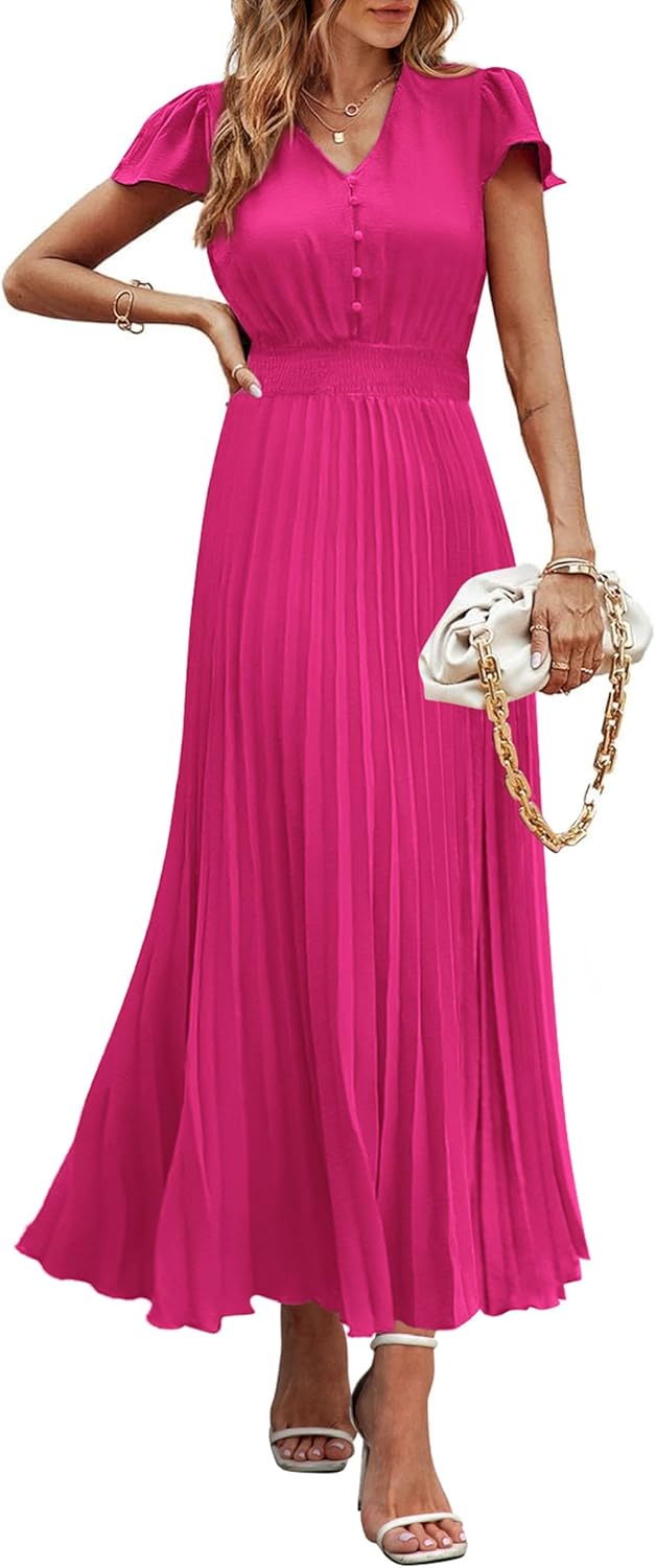 PRETTYGARDEN Women's Maxi Dresses 2025 Summer Trendy Cap Short Sleeve Button V Neck Casual Flowy Pleated Long Dress
