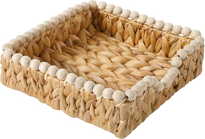 Gibson Home Riverrun Grove Woven Decorative Napkin Holder Tray – Natural Water Hyacinth Square Basket with Wood-Bead Trim for Napkins, Keys, Mail, Coffee Table Décor & Kitchen Counter Storage