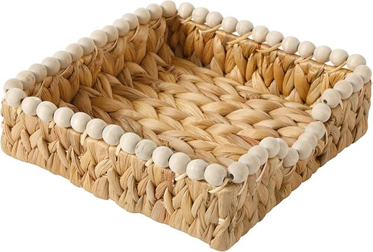 Gibson Home Riverrun Grove Woven Decorative Napkin Holder Tray – Natural Water Hyacinth Square Basket with Wood-Bead Trim for Napkins, Keys, Mail, Coffee Table Décor & Kitchen Counter Storage