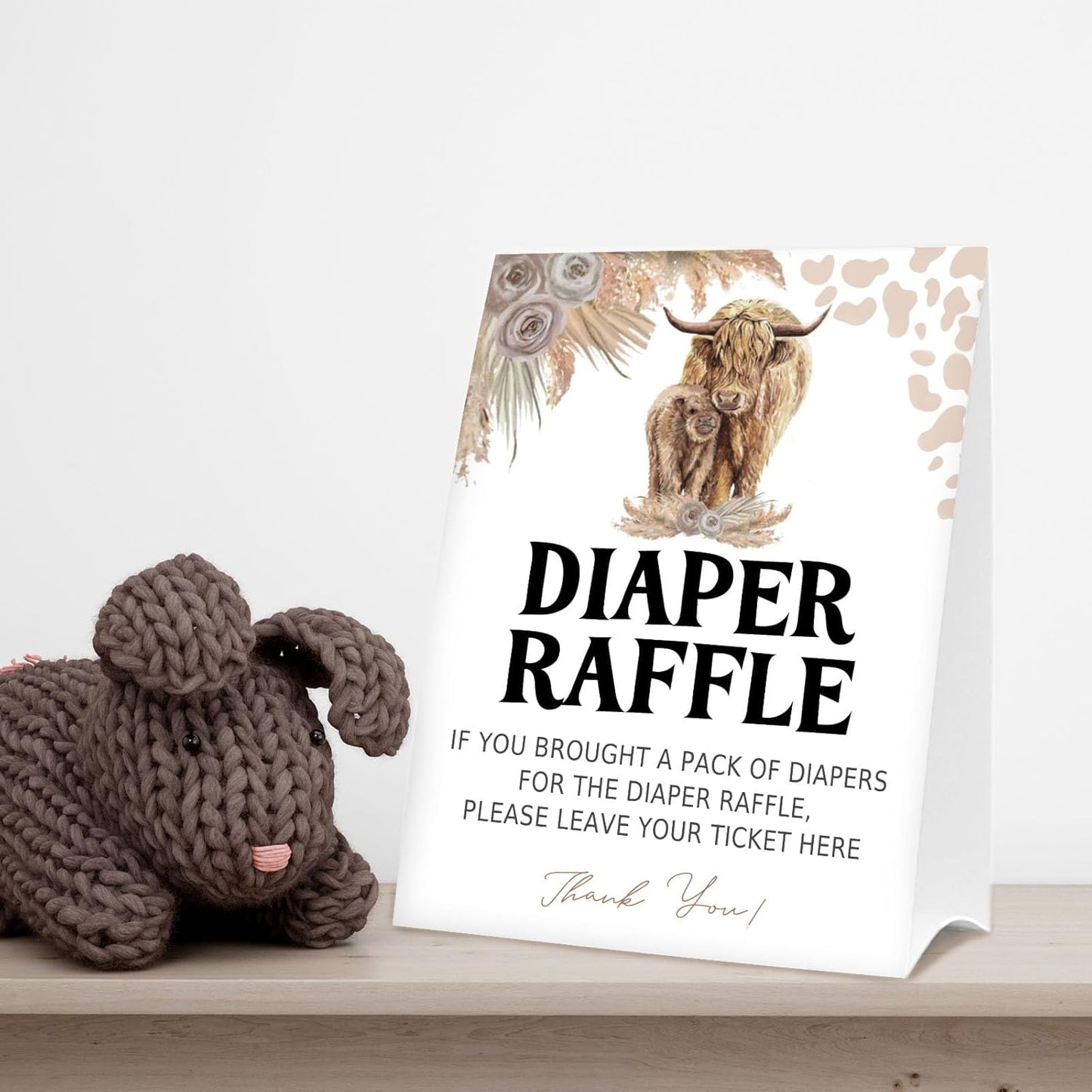 Diaper Raffle Tickets for Baby Shower Game, 1 Standing Sign & 50 Guessing Cards for Baby Shower Party Decoration, Holy Cow, Boho Highland Cow