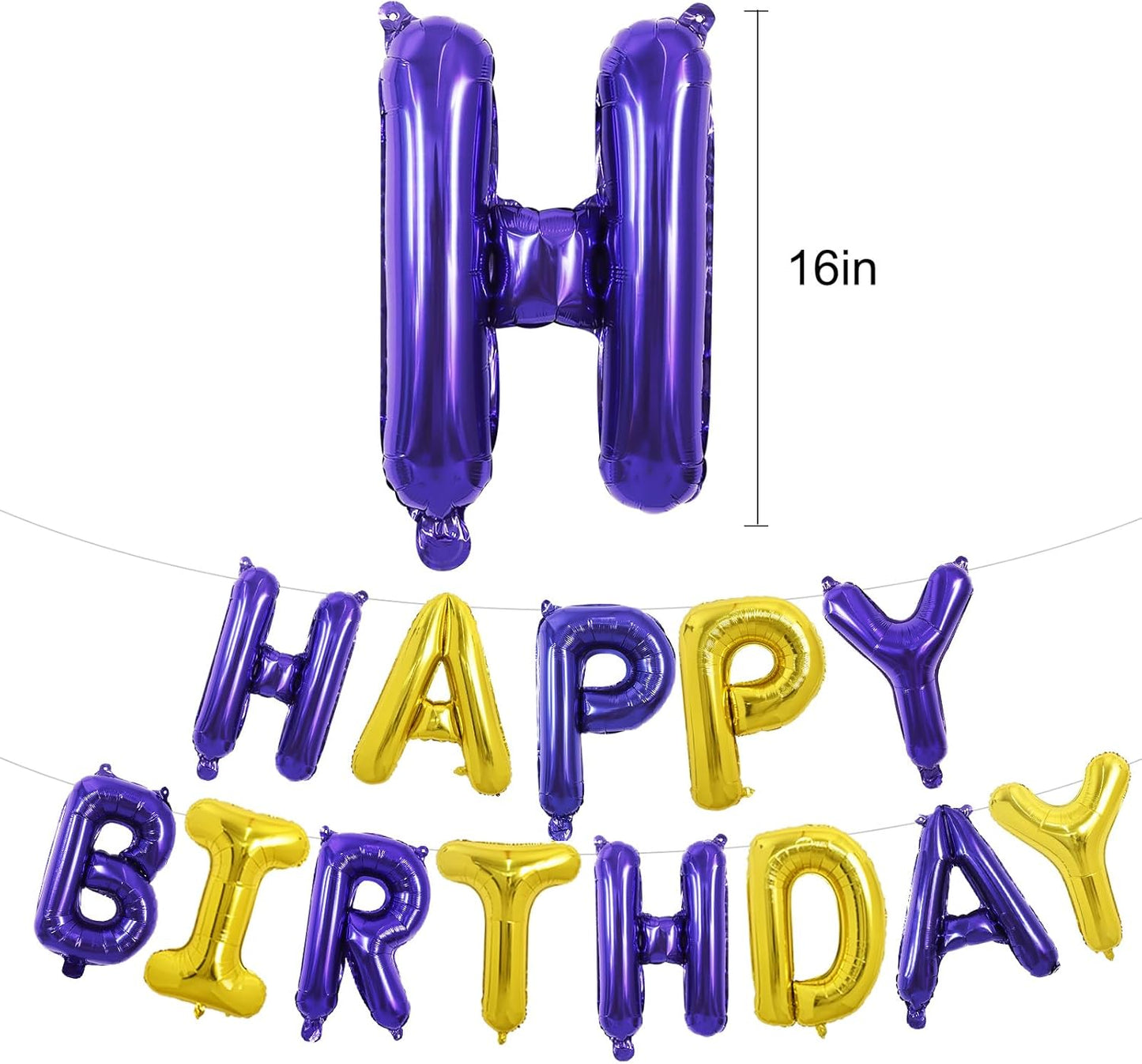 TONIFUL Happy Birthday Balloons with Ribbon Straw, 16 Inch Mylar Letters Birthday Sign Banner Bunting Reusable for Girls Boys Kids & Adults Party Decorations Supplies（Purple Gold）