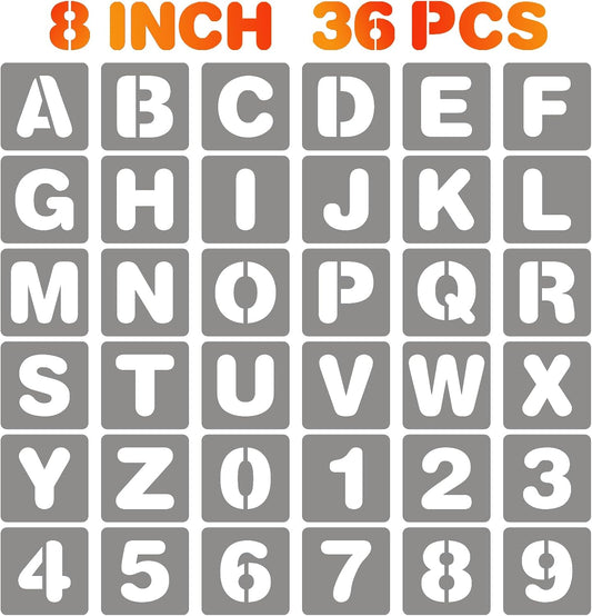 BAMIDELE 8 Inch Letter and Number Stencils, 36 Pcs Reusable Plastic Alphabet Spray Paint Stencils for Painting on Wood, Wall, Fabric, Rock, Chalkboard, Door Porch, Signage, DIY Craft Decoration