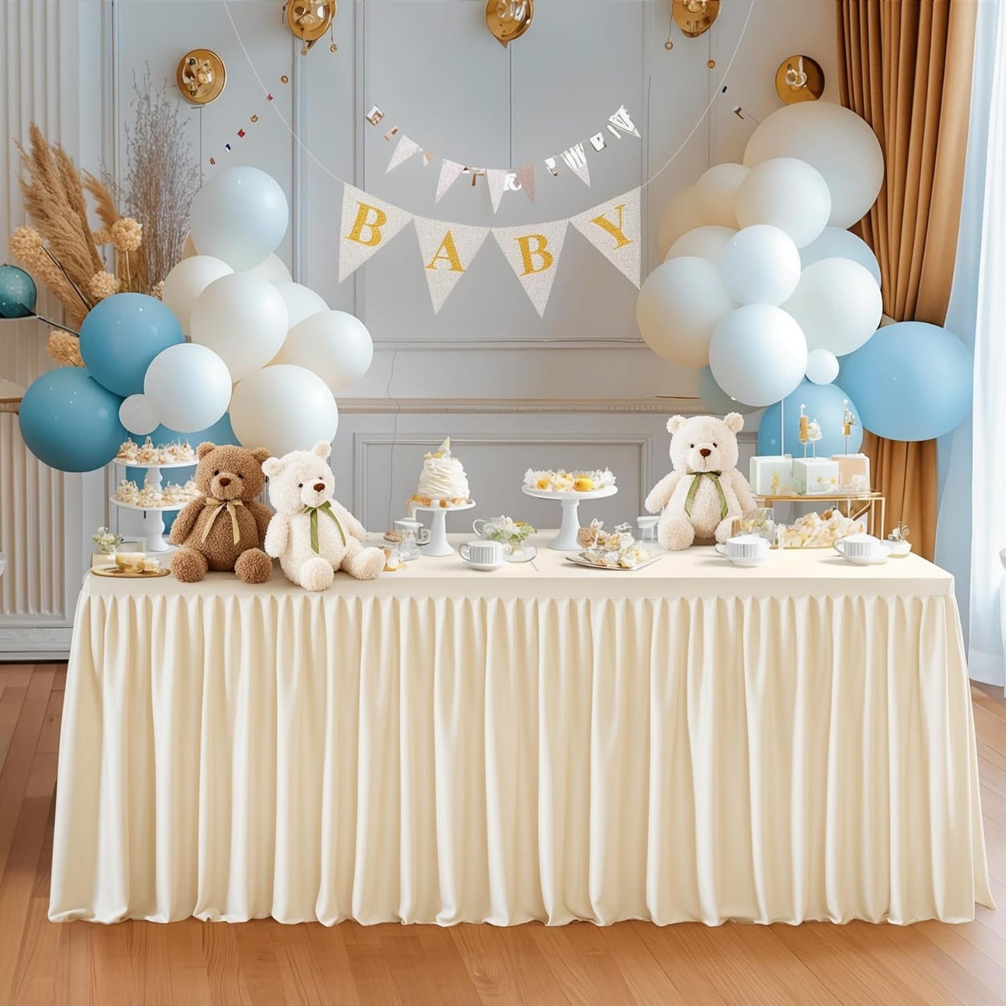 Light Champagne Polyester Table Clothes for 4 Foot Rectangle Tables, Wrinkle Free Fitted Table Cover 4ft Stretch Tablecloths with Skirt for Parties Weddings Birthday Banquet Baby Shower