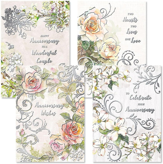 Deluxe Floral Wedding Anniversary Greeting Cards - Set of 8 (4 Designs), 5 x 7 Inches, Anniversary Congratulations to Couple