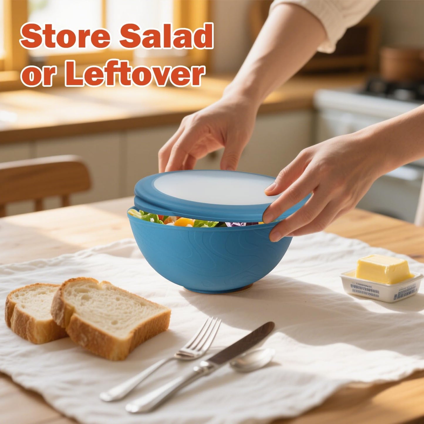Wrova wheat straw bowls with lids set of 4, 40oz cereal bowls with covers,unbreakable salad container for lunch, dishwasher safe bowl sets for kitchen. Blue