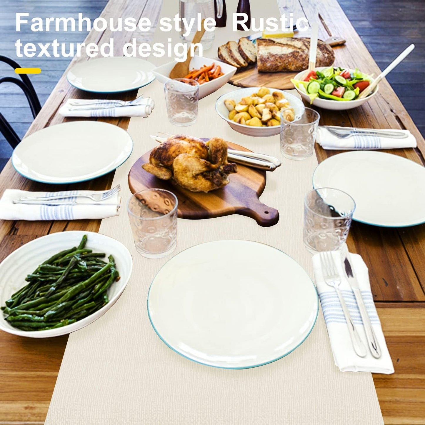 Wipeable Table Runner, Thick Farmhouse Dresser Runner, Rustic for Kitchen, Bedroom, Living Room, Indoor and Outdoor (72'', White)