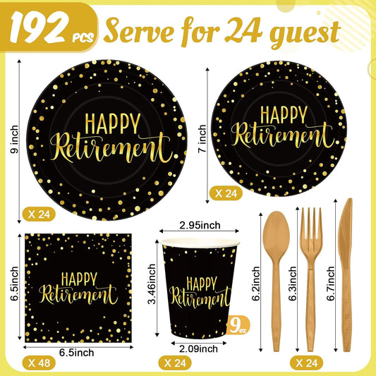 Pickmesh 192 Pcs Retirement Party Decorations Happy Retirement Paper Plates and Napkins Set with Cups and Knife Fork Spoon,Farewell Party Disposable Tableware for 24 Guest Women Men(Gold Black)