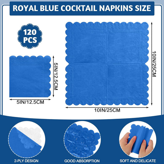 120 Pcs Royal Blue Napkins, Scalloped Blue Cocktail Napkins Disposable Beverage Dessert Napkin Patriotic Paper Napkin for Bar Birthday Baby Shower, 5 x 5 Inch