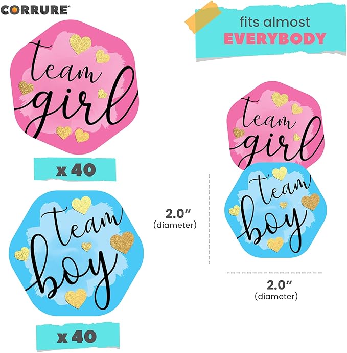 CORRURE Gender Reveal Stickers with Gold Foil for Voting Games and Party Supplies (80pcs) - Easy to Stick and Peel-Off - 2.0" Team Boy and Team Girl Labels for Baby Showers or Gender Reveal Party