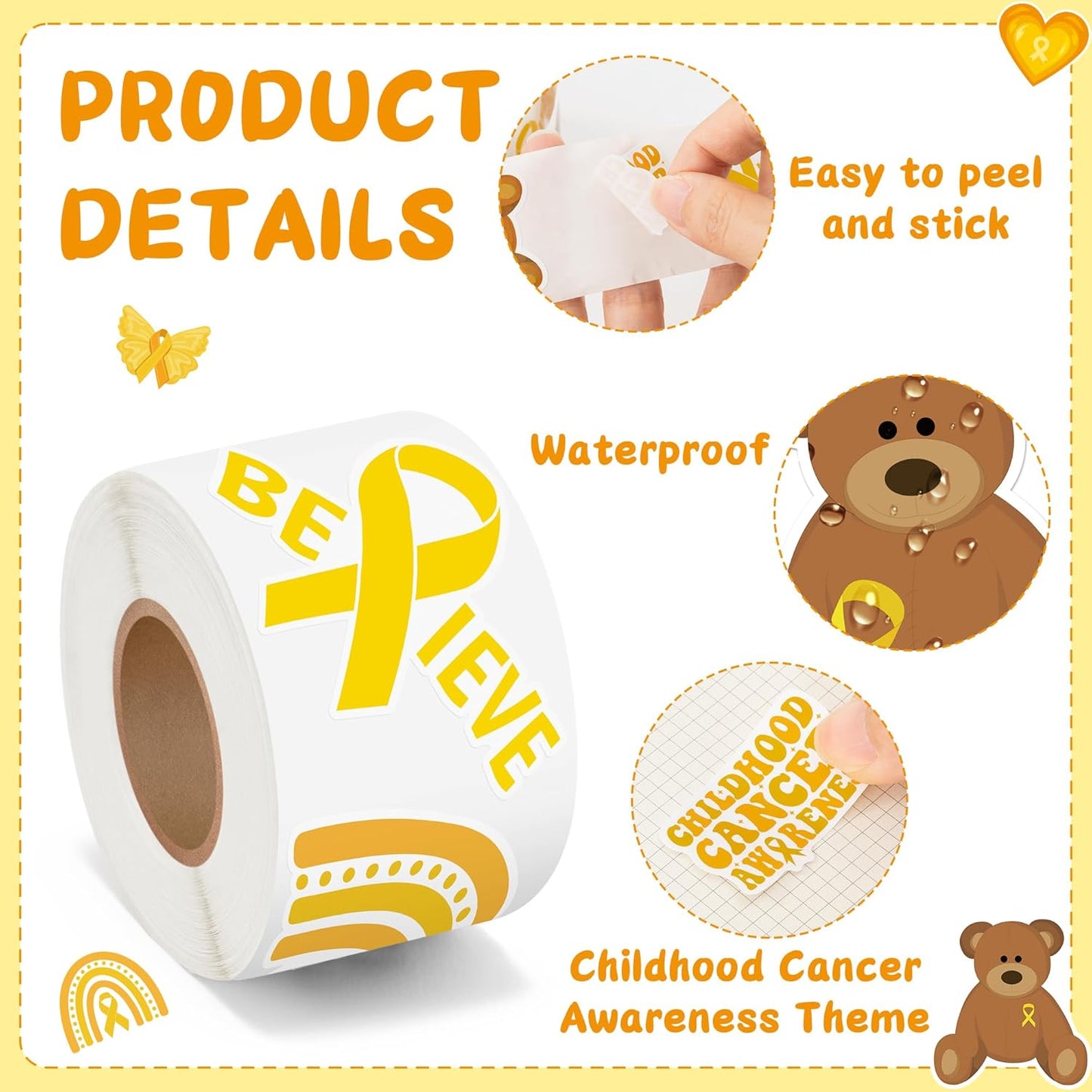 Childhood Cancer Awareness Sticker - 1000pcs Yellow Ribbon Waterproof Vinyl Reusable Laptop Stickers Roll Book Scrapbook Water Bottle Page Activity Pad Summer Birthday Party Favors Skateboard