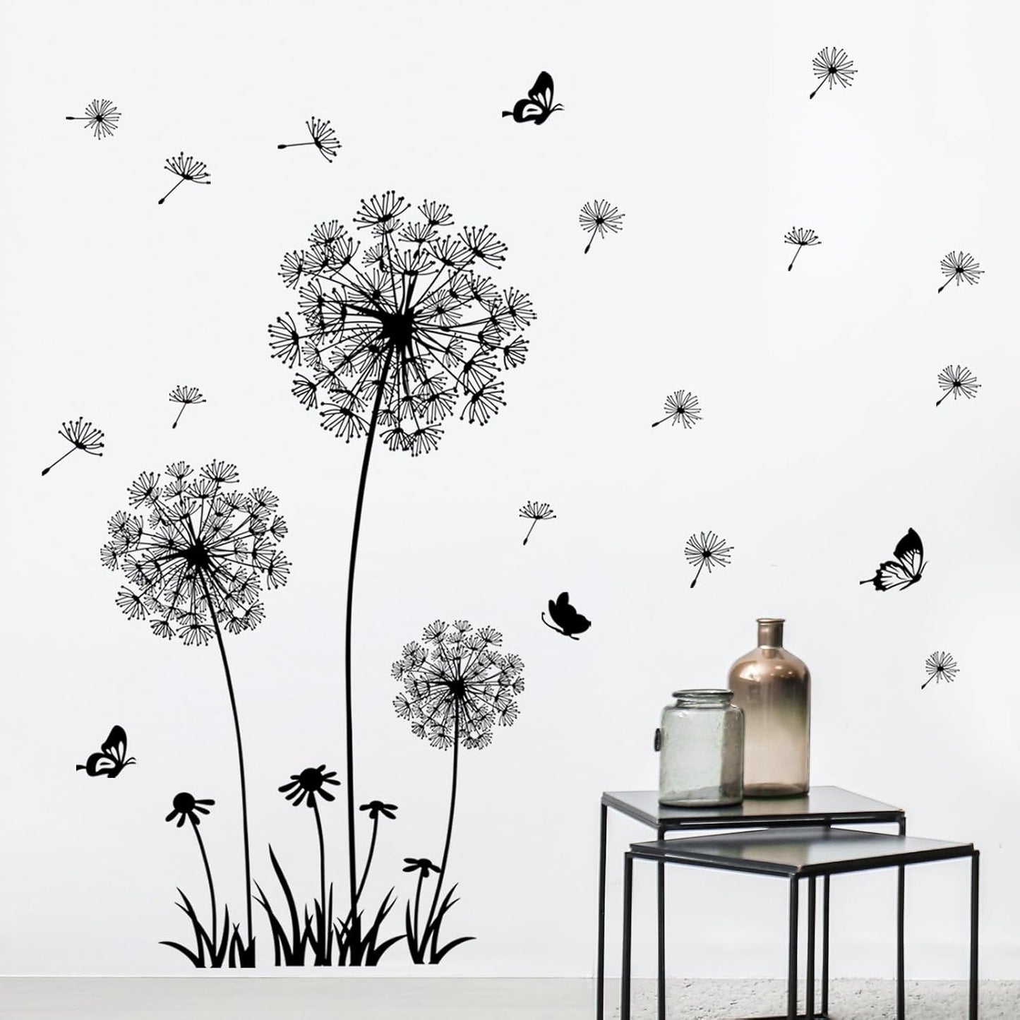 2 Sheets Dandelion Wildflower Wall Decals Art, Wall Art Stickers Peel and Stick Floral Butterflies Flying Decor for Girls Kids Women Baby Nursery Living Room Bedroom Bathroom Hallway Stairwell(Black)