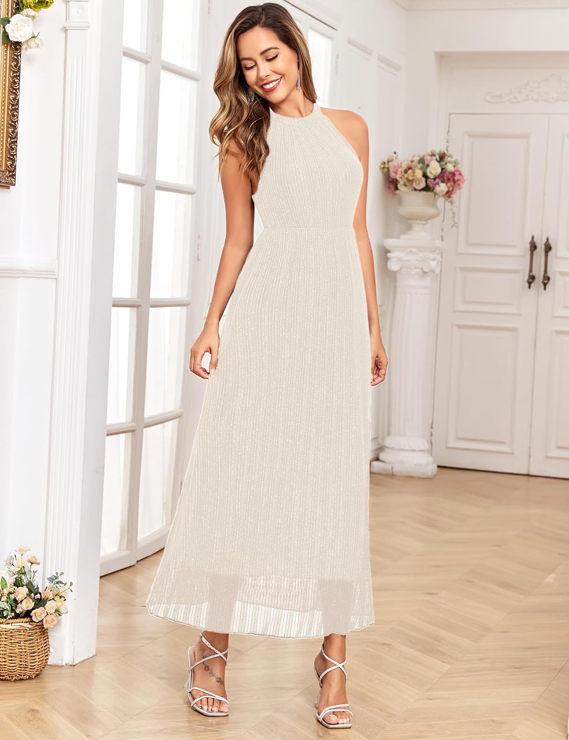 Maternity Sparkly Mesh Dress Halter Neck Sleeveless A Line Pregnancy Dresses Semi Formal Baby Shower Photoshoot