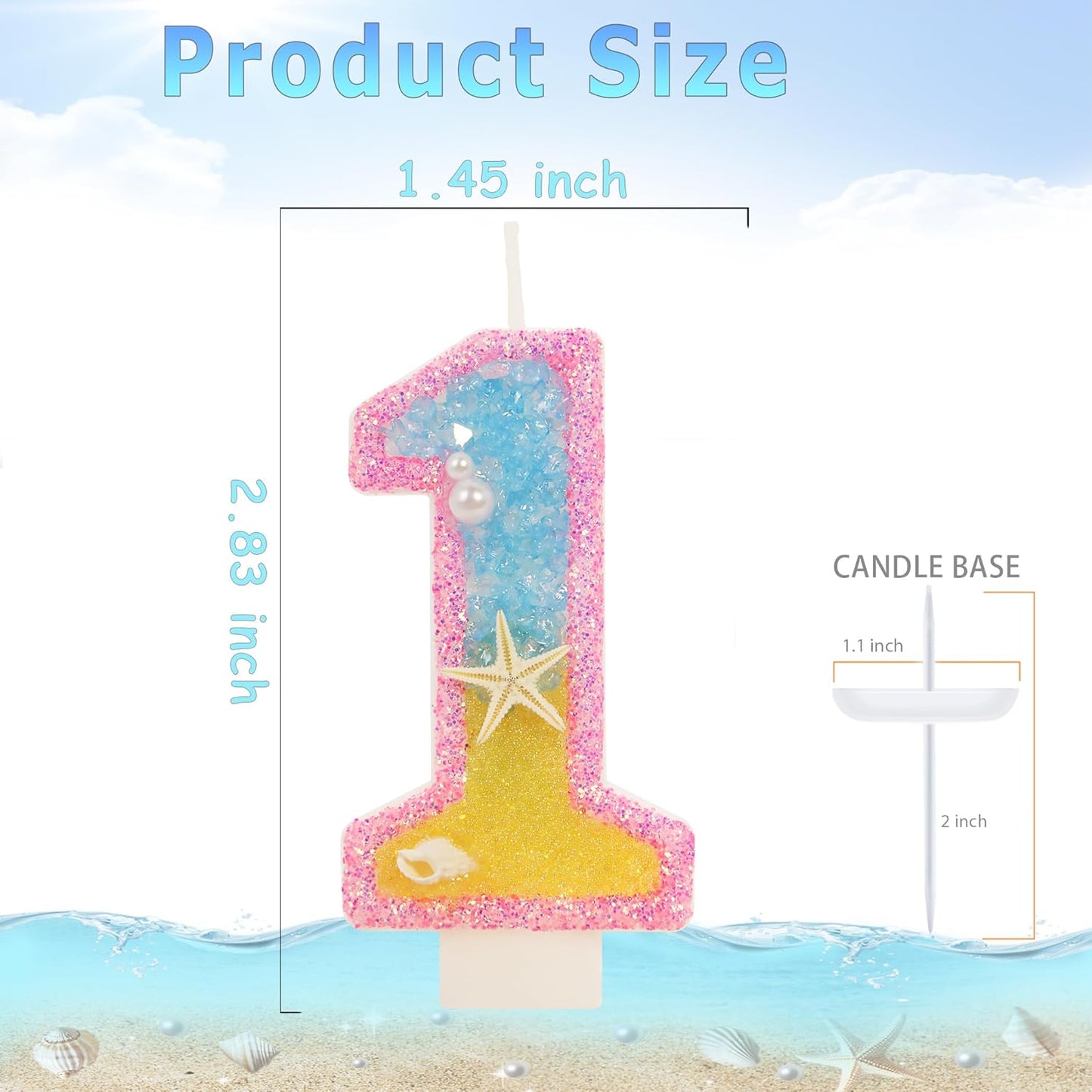 1st Birthday Candle for Cake, Pink Beach Starfish Sequins Number Cake Candles, 2.76 inch Pink Cake Topper Decoration for Birthday Party (Number 1)