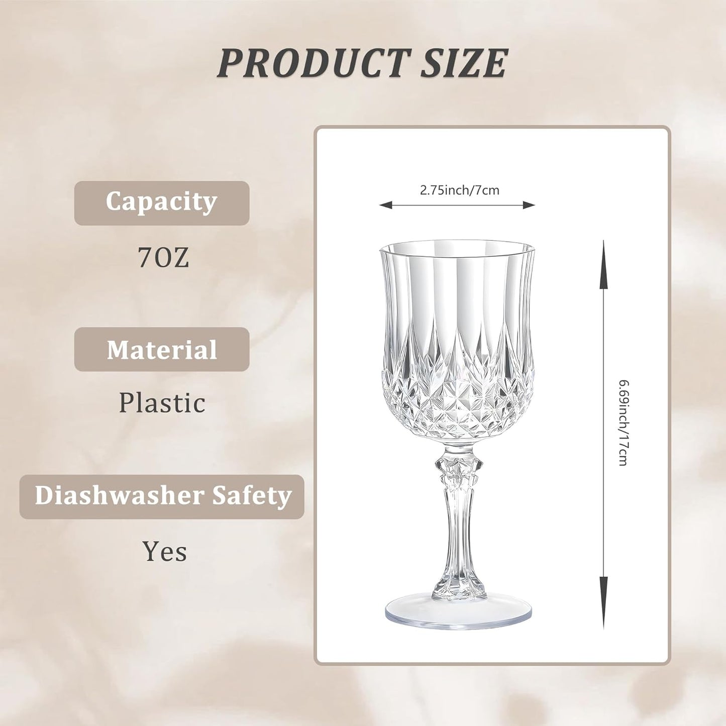 24PCS 7OZ Transparent Wine Plastic Glasses, Drinking Champagne Glasses Flutes Crystal Vintage Water Unbreakable Goblets for Wedding, Parties