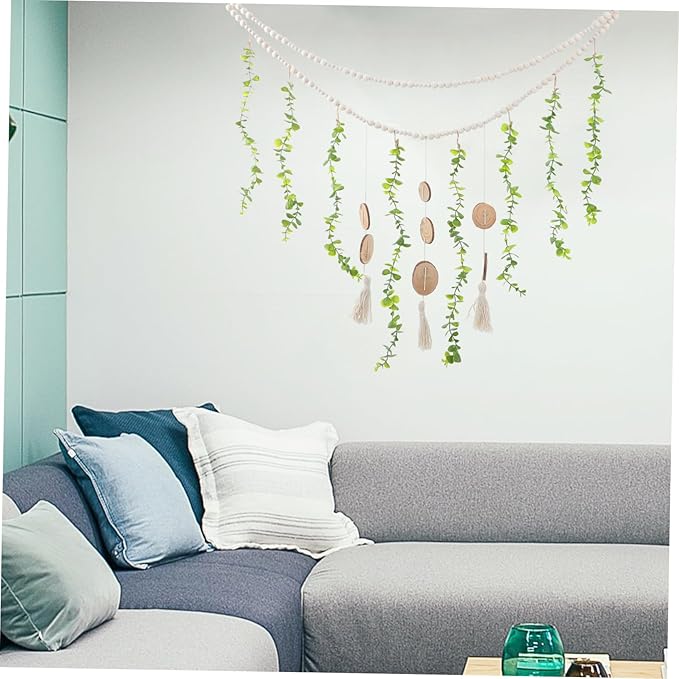 PRETYZOOM Macrame Hanging Photo Display Wooden Beads Elegant Wall Decor for Living Room Farmhouse Beaded Garland for Photos Easy to Install Eucalyptus Leaf Design Boho Aesthetic Home