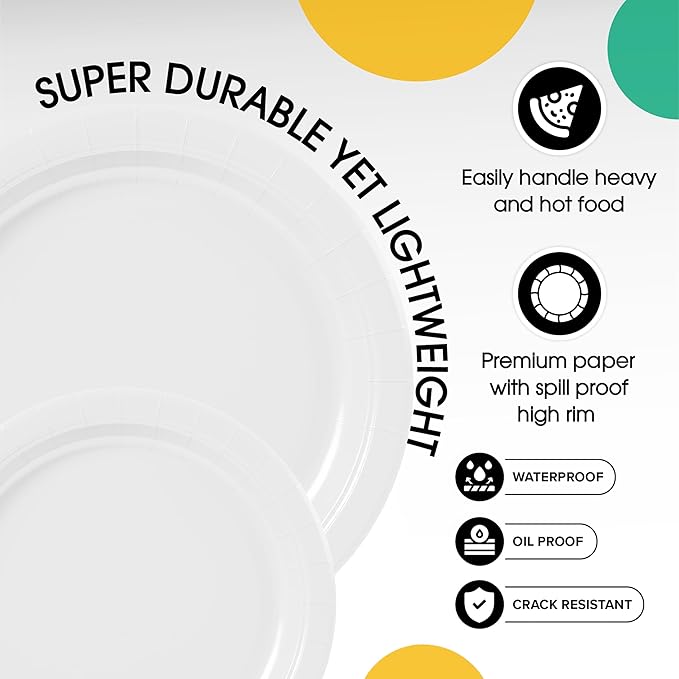 Exquisite White Paper Plates Disposable Heavy Duty 100 Pcs - 50-7" & 50-9" White Disposable Plates For Party Heavy Duty Paper Plate 350 GSM Birthday Party Supplies Plate Set