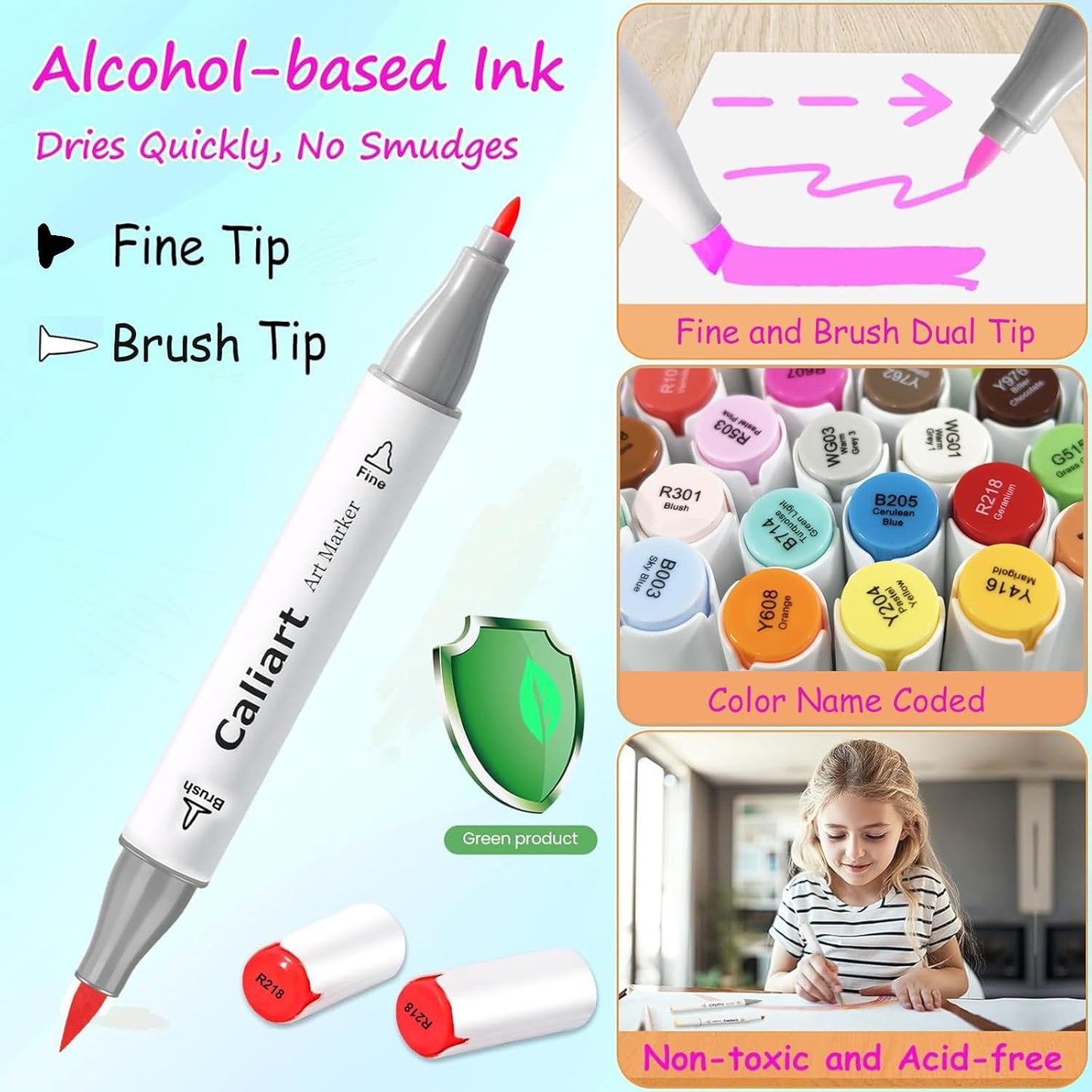 Caliart Art Markers, 41 Colors Alcohol Marker Pen Set Dual Tip Brush & Fine Permanent for Coloring Drawing Highlighters Animation Illustration Card Making Underlining Christmas Gifts