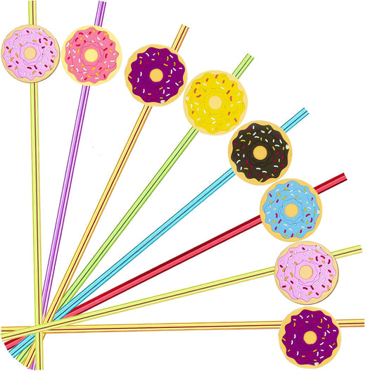 24pcs Reusable Donut Crazy Rainbow Straws for Birthday Party Supplies Party Decorations Party Favor with 2 Cleaning Brushes 6 Colors Straws